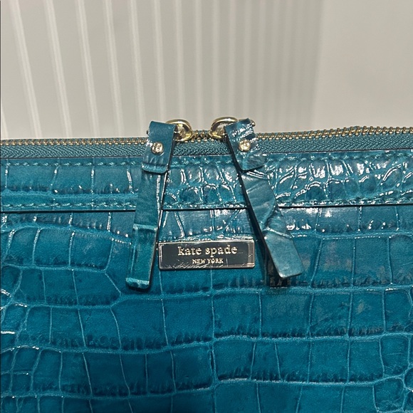 Vintage Kate Spade Teal Croc-Embossed Clutch Clean - Picture 2 of 5